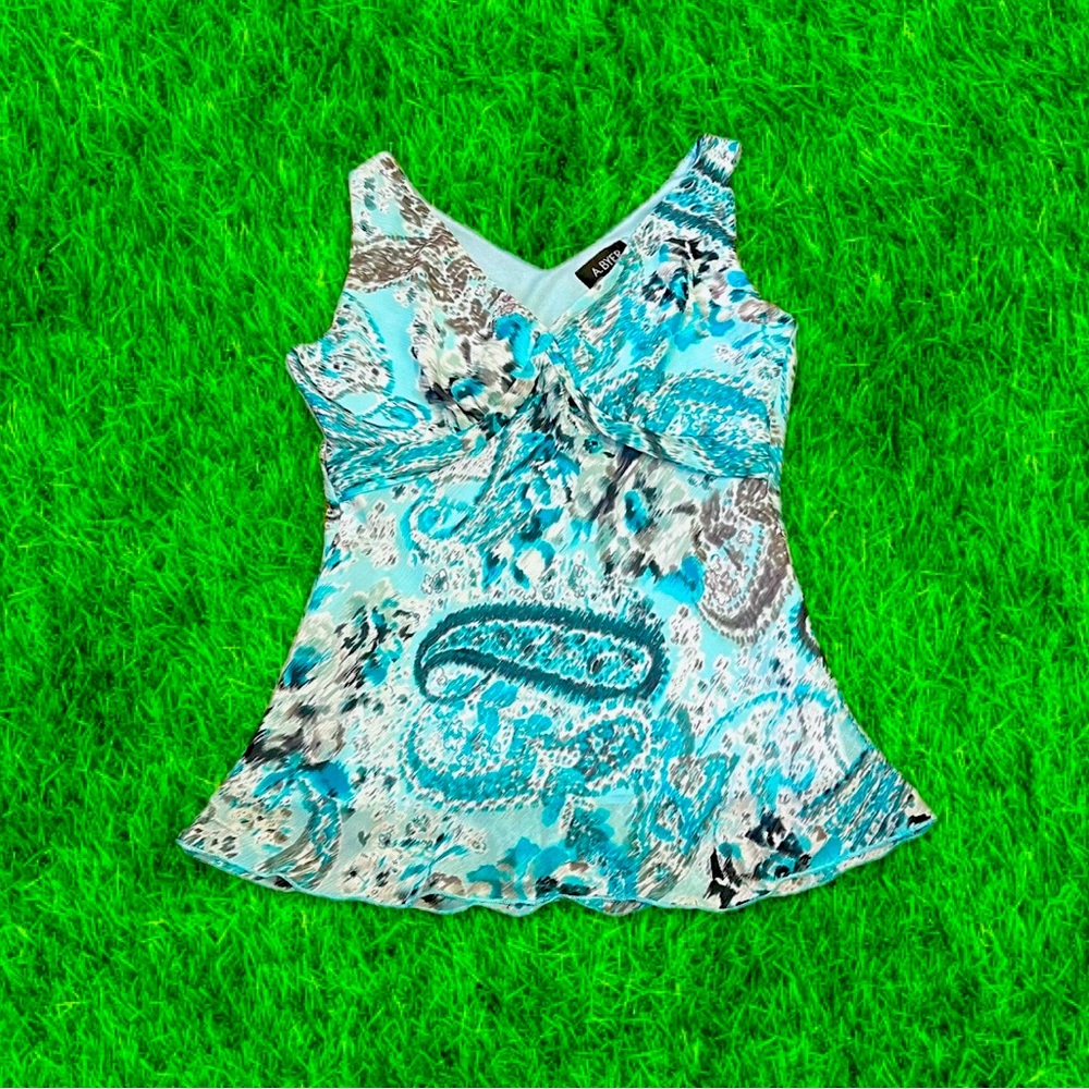 vtg y2k A.Byer mermaid blue/white paisley print mesh top